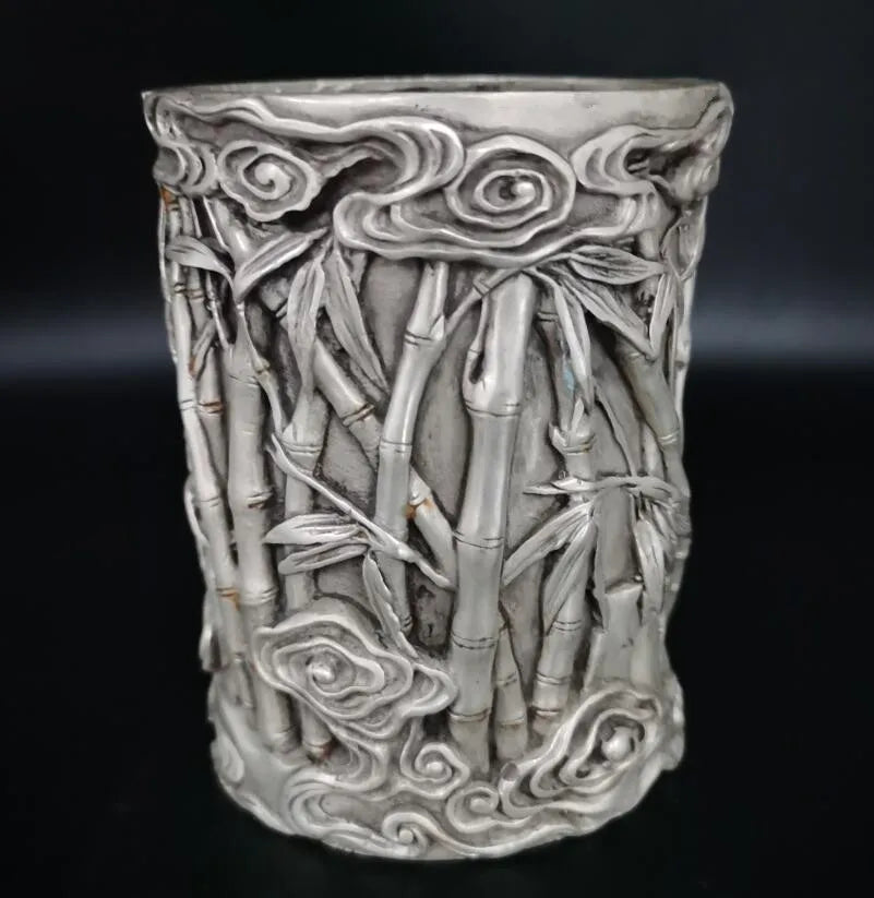 China White copper archaize bamboo Pen holder crafts statue