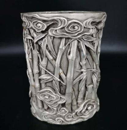China White copper archaize bamboo Pen holder crafts statue