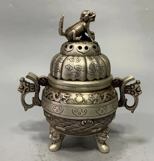 China White copper archaize beast lid Incense burner crafts statue