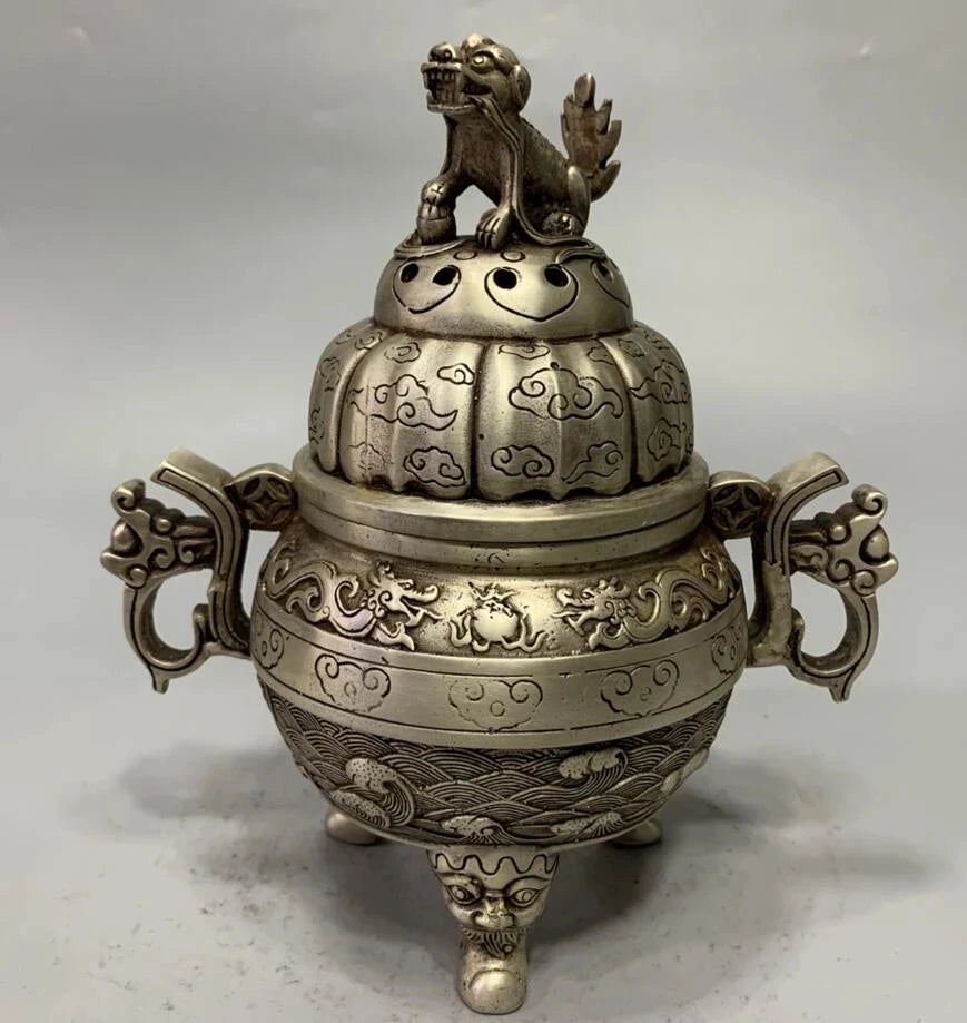 China White copper archaize beast lid Incense burner crafts statue