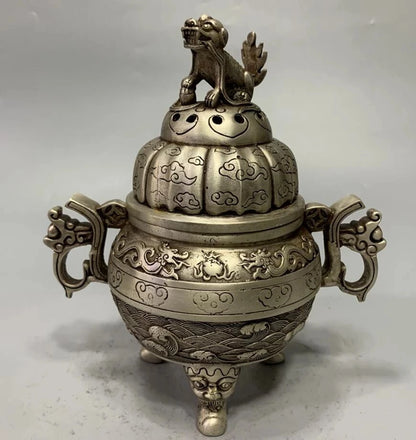 China White copper archaize beast lid Incense burner crafts statue