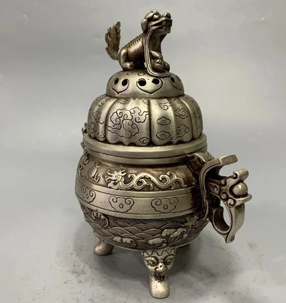China White copper archaize beast lid Incense burner crafts statue