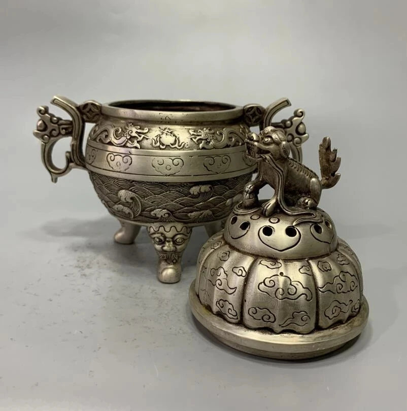 China White copper archaize beast lid Incense burner crafts statue
