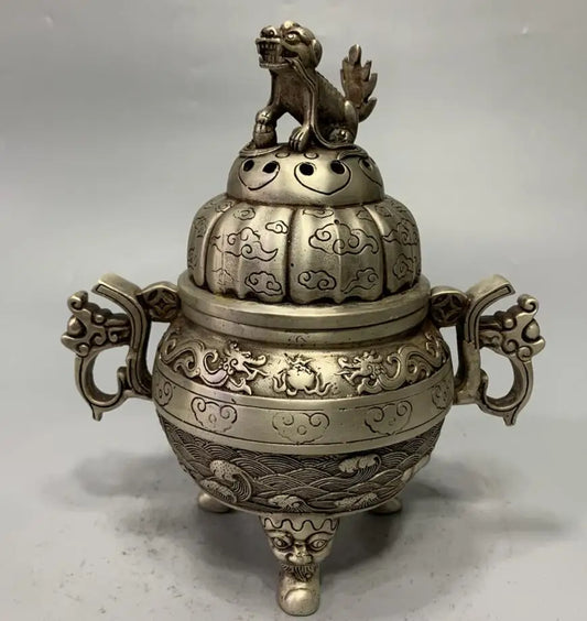 China White copper archaize beast lid Incense burner crafts statue