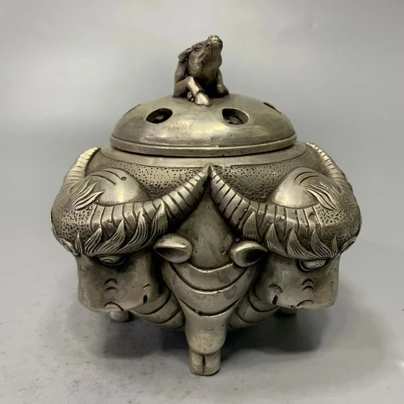 China White copper archaize cow head Incense burner crafts statue