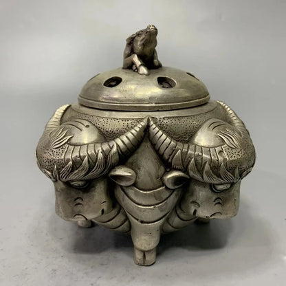 China White copper archaize cow head Incense burner crafts statue