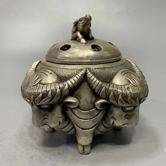 China White copper archaize cow head Incense burner crafts statue