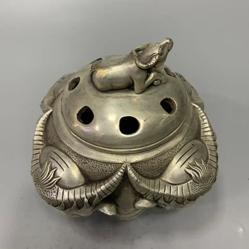 China White copper archaize cow head Incense burner crafts statue
