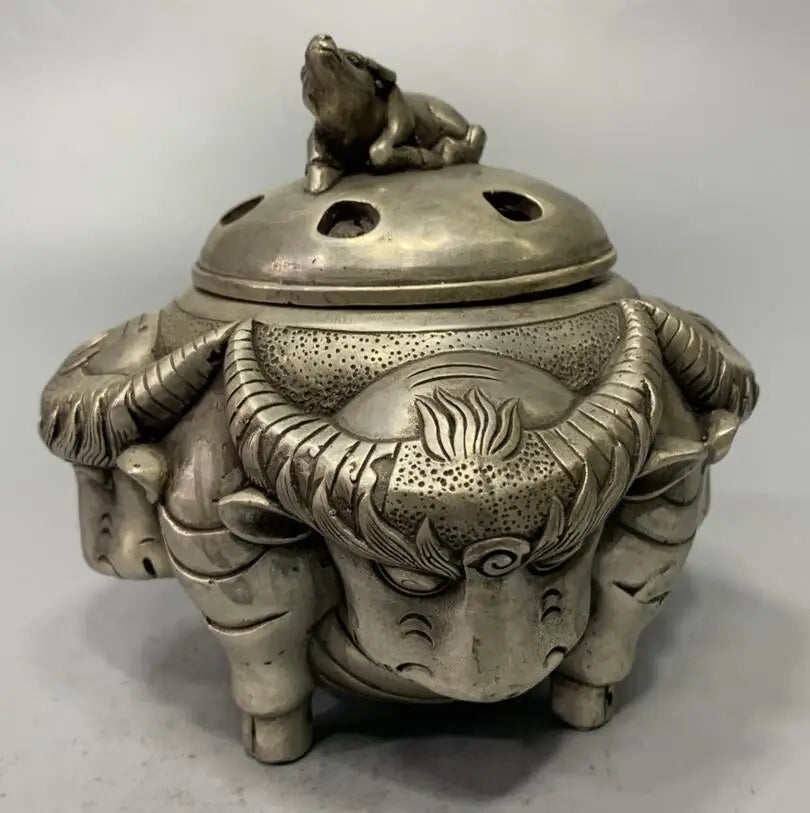 China White copper archaize cow head Incense burner crafts statue