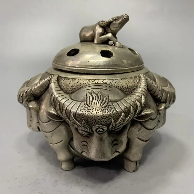 China White copper archaize cow head Incense burner crafts statue