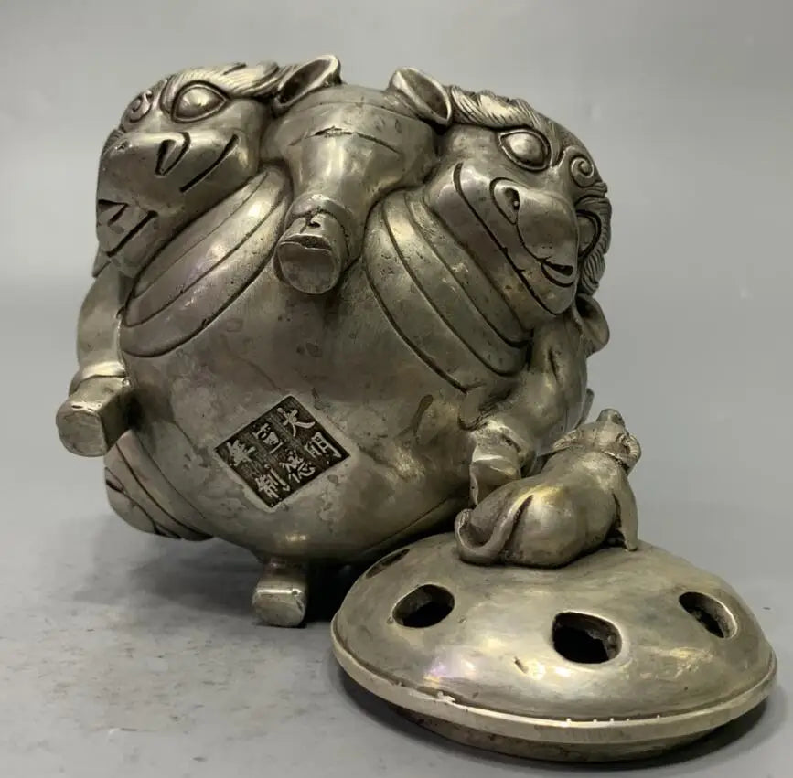 China White copper archaize cow head Incense burner crafts statue