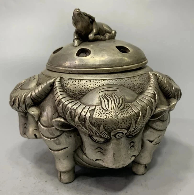 China White copper archaize cow head Incense burner crafts statue