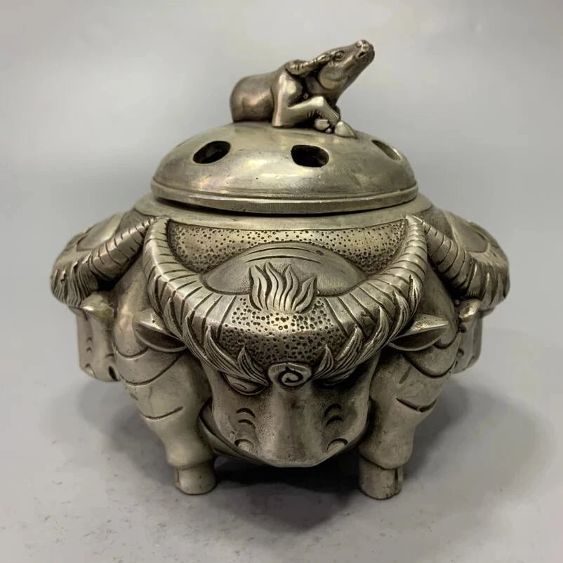 China White copper archaize cow head Incense burner crafts statue