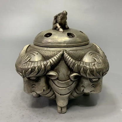 China White copper archaize cow head Incense burner crafts statue