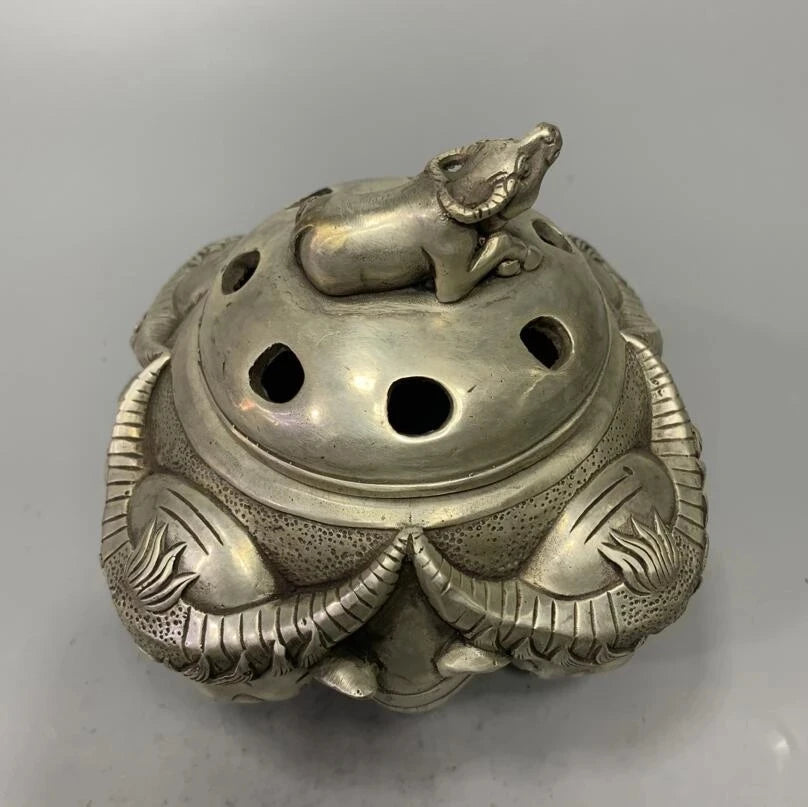 China White copper archaize cow head Incense burner crafts statue