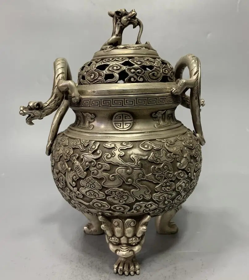 China White copper archaize double dragon ear Incense burner crafts statue
