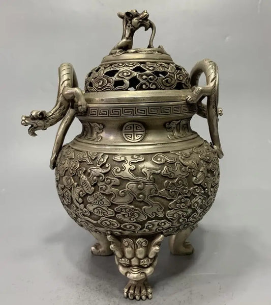 China White copper archaize double dragon ear Incense burner crafts statue