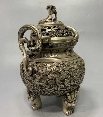China White copper archaize double dragon ear Incense burner crafts statue
