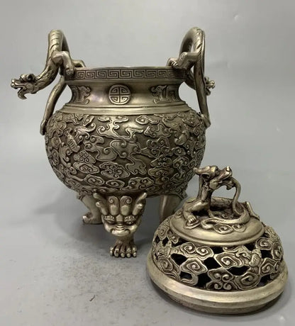 China White copper archaize double dragon ear Incense burner crafts statue