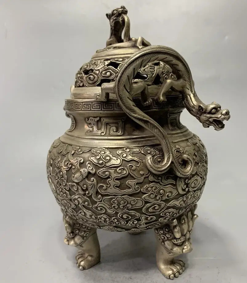 China White copper archaize double dragon ear Incense burner crafts statue