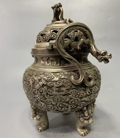 China White copper archaize double dragon ear Incense burner crafts statue