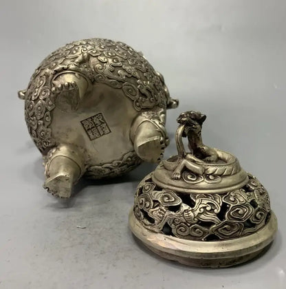 China White copper archaize double dragon ear Incense burner crafts statue
