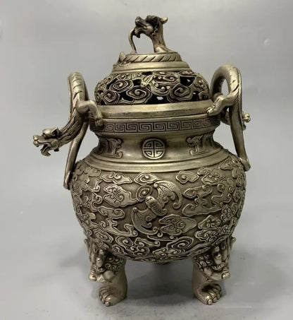 China White copper archaize double dragon ear Incense burner crafts statue