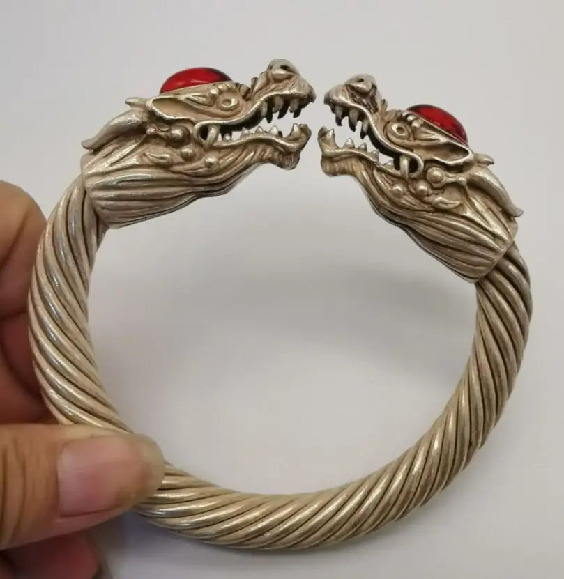 China White copper archaize double dragon head Bracelet