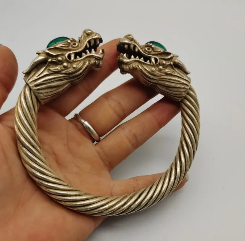 China White copper archaize double dragon head Bracelet
