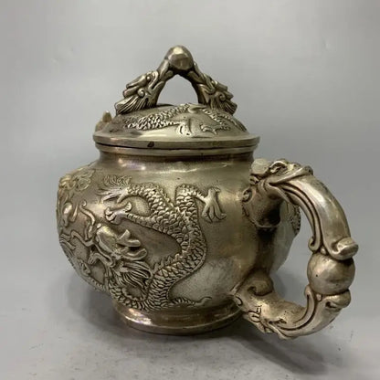 China White copper archaize double dragon teapot crafts statue
