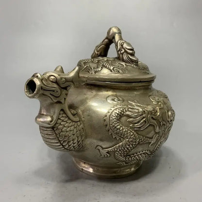 China White copper archaize double dragon teapot crafts statue