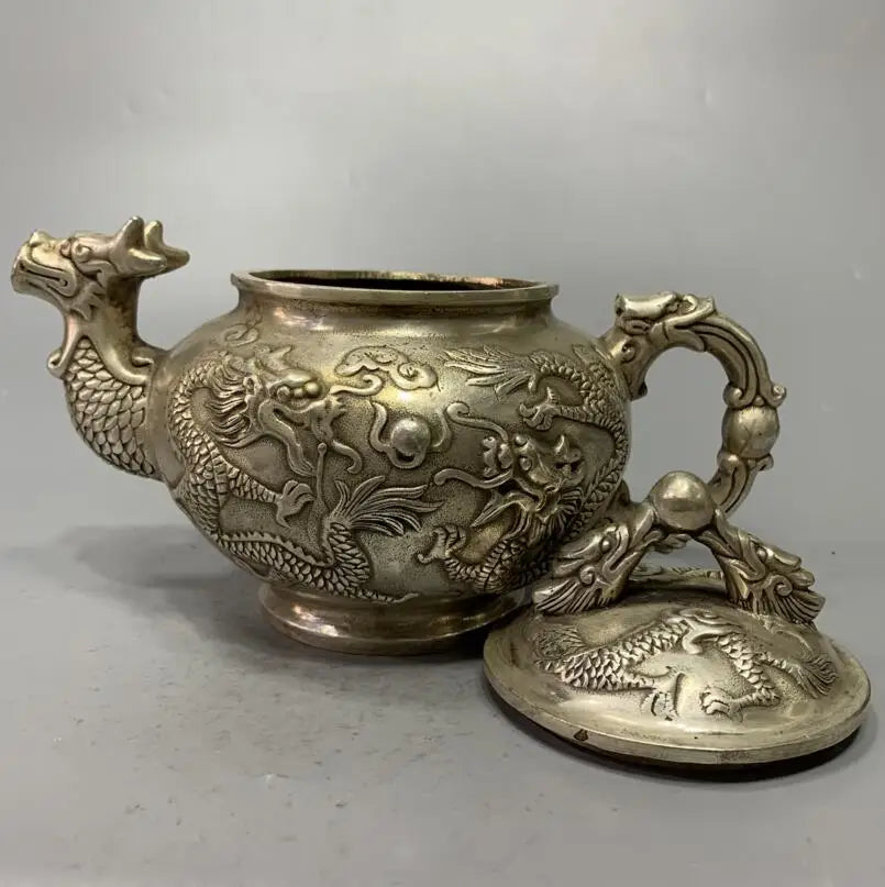 China White copper archaize double dragon teapot crafts statue