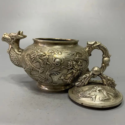 China White copper archaize double dragon teapot crafts statue
