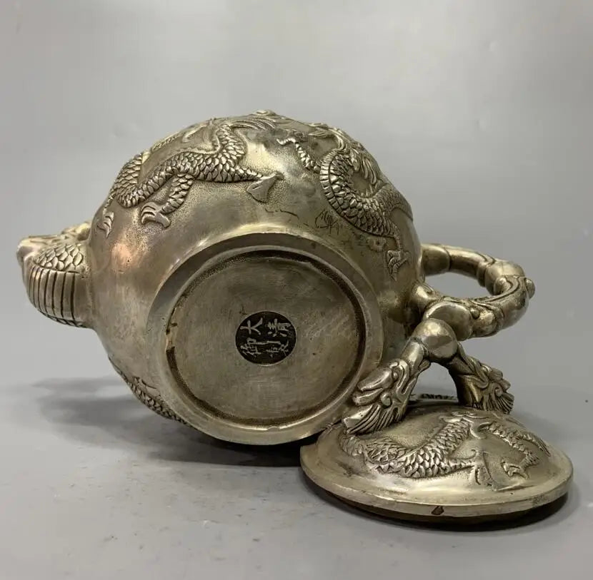 China White copper archaize double dragon teapot crafts statue