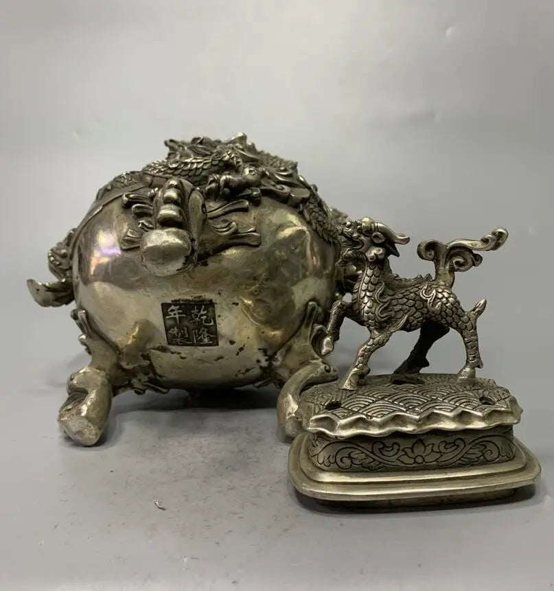 China White copper archaize dragon phoenix Incense burner crafts statue
