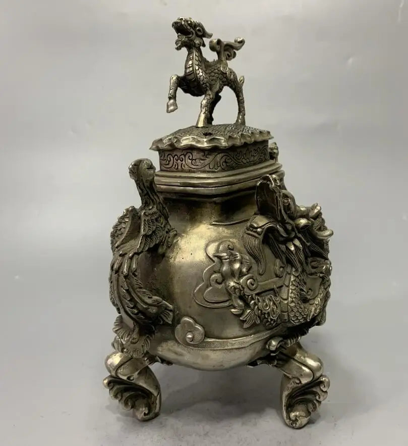 China White copper archaize dragon phoenix Incense burner crafts statue