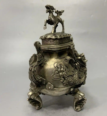 China White copper archaize dragon phoenix Incense burner crafts statue