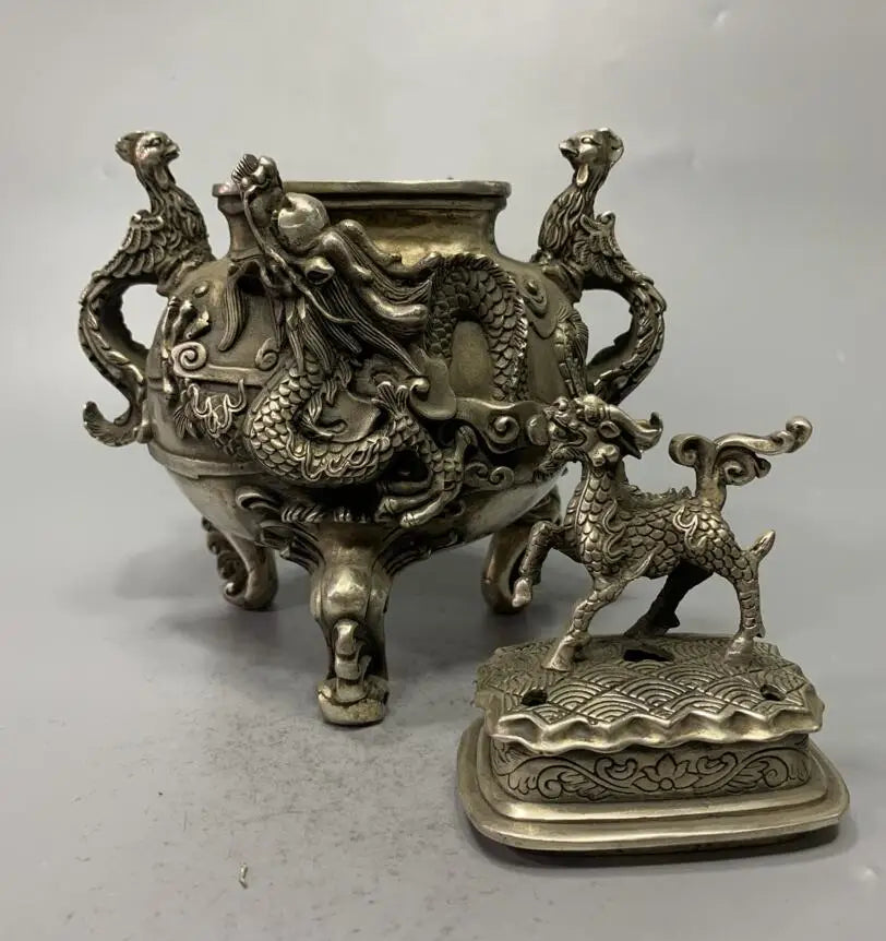 China White copper archaize dragon phoenix Incense burner crafts statue