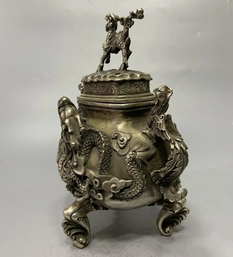 China White copper archaize dragon phoenix Incense burner crafts statue