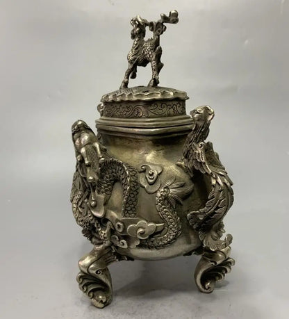 China White copper archaize dragon phoenix Incense burner crafts statue