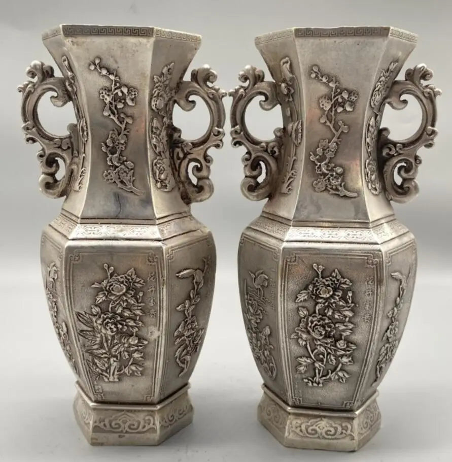 China White copper archaize flowers Pattern vase crafts statue A pair