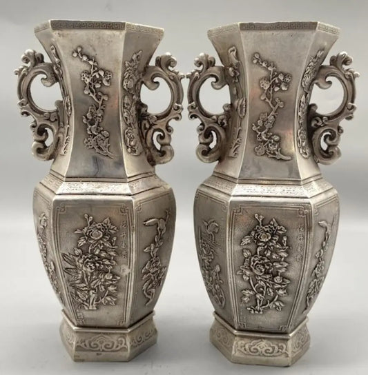 China White copper archaize flowers Pattern vase crafts statue A pair