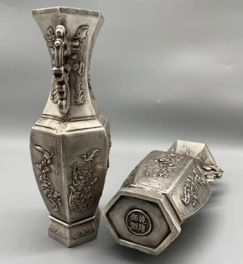 China White copper archaize flowers Pattern vase crafts statue A pair