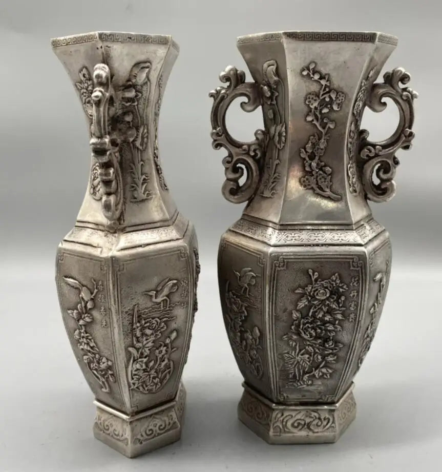 China White copper archaize flowers Pattern vase crafts statue A pair