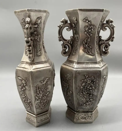 China White copper archaize flowers Pattern vase crafts statue A pair