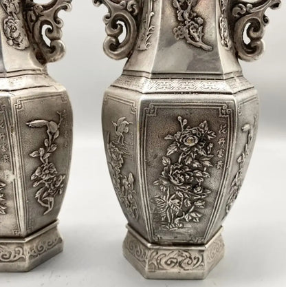 China White copper archaize flowers Pattern vase crafts statue A pair