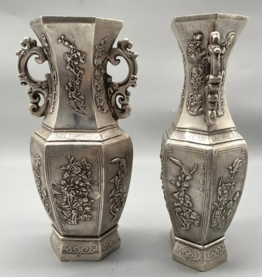 China White copper archaize flowers Pattern vase crafts statue A pair