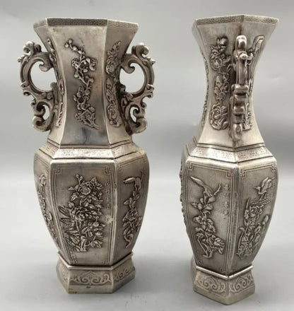 China White copper archaize flowers Pattern vase crafts statue A pair