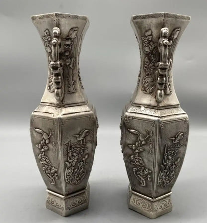 China White copper archaize flowers Pattern vase crafts statue A pair