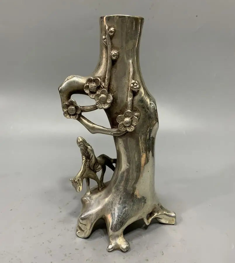 China White copper archaize plum blossom tree stumps Pen holder crafts statue